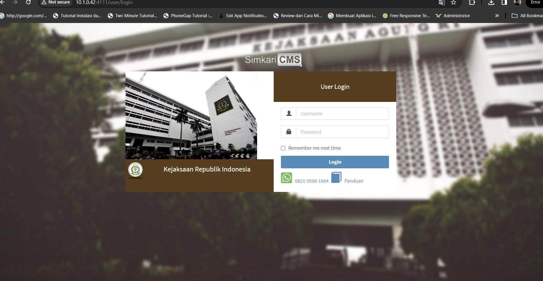 Screenshot of CMS Simkari login page for Kejaksaan Republik Indonesia